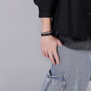 Minimalist double layer Cuban chain bracelet for men in silver and black finish