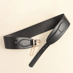 Women's black leather corset belt featuring a gold D-buckle and decorative metal chain