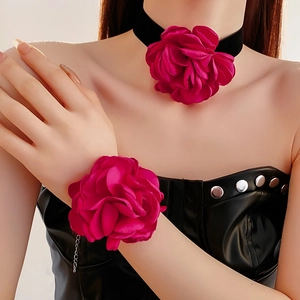 Detailed view of magenta velvet rose choker and matching floral bracelet set for women