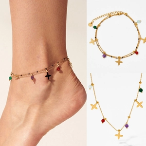 Bracelet De Cheville Collier Double Couche Acier Inoxydable Pierres Naturelles Colorées Pendentifs Croix Fleur Ajustable