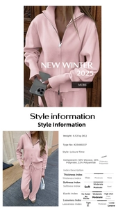 Pink knit sweater set details with 50% viscose fabric texture and size specifications
