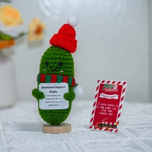 Handmade crochet Christmas emotional support pickle with Santa hat and greeting card