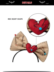 Detail of Halloween voodoo headband featuring burlap bow with red stitched heart and pins