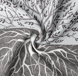 Detailed macro view of black and white tree of life tapestry fabric texture and print