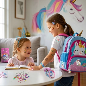 Unicorn themed kids party set with backpack, headband, and accessories shown on girls