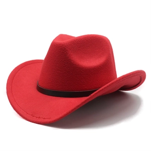 Detailed close-up of a red felt cowboy hat with a minimalist black leather band accent