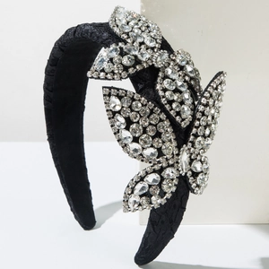 Cerchietto imbottito nero con farfalle di strass scintillanti in stile barocco