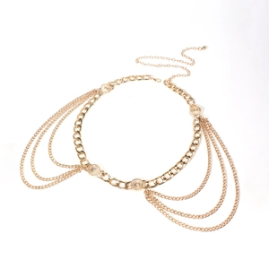 Elegant multi-layer gold metal chain belt with circular accents for women dresses