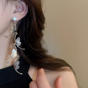 Silver needle long tassel earrings with sparkling rhinestone and hollow butterfly charms