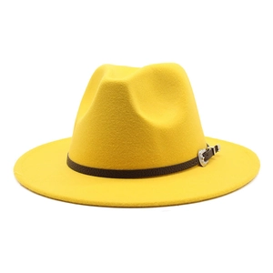Close-up of bright yellow wool fedora with dark brown leather band and silver buckle