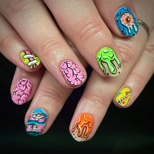 Halloween Horror Press On Nails Shiny Short Square Colorful Brain Eyeball Monster Slime Pattern Manicure Women Decoration