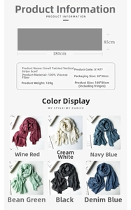 Detailed size chart and multi-color swatches for 100% viscose ribbed modal scarf