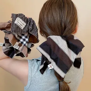 Chic Korean striped and plaid double-layer scrunchies with elegant dreamer fabric tags