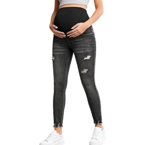 Slim-fit maternity distressed jeans in light grey with high-elastic belly support band
