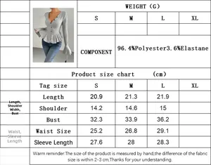 Detailed size chart for V-neck ruffled T-shirt with polyester and elastane measurements