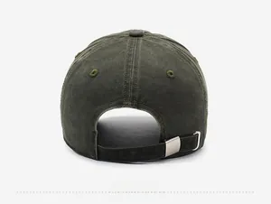 Rear view of washed denim baseball cap with adjustable metal buckle and strap