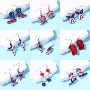 Patriotic US Independence Day Earrings For Women Red White Blue Alloy Rhinestone Star Flag July 4th Jewelry