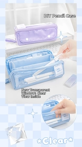 Detail of high-capacity pencil case with transparent PVC window and layered organizer