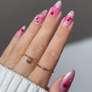 Pink Cat Eye Press On Nails Glossy Almond Fake Nails With Red Heart White Bow Cherry Patterns For Women Valentine Day