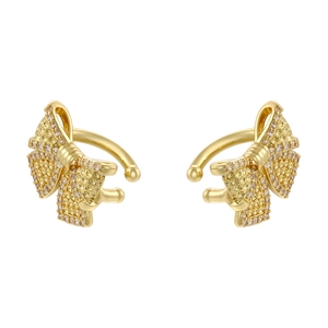 Elegant gold bow-shaped clip earrings with sparkling zircon accents on white background