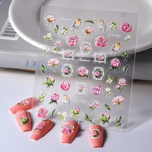 Retro pink watercolor rose nail art stickers with bird motifs and floral patterns
