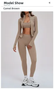 Ensemble de yoga 3 pièces marron chameau avec veste zippée et legging taille haute sculptant
