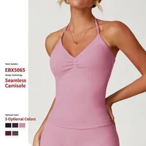 Women Seamless Halter Yoga Tank Top Ruched Front Workout Sports Bra Breathable Running Gym Fitness Sleeveless Activewear Top