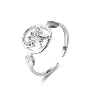 Detail of silver geometric open ring featuring a hollow circular butterfly medallion