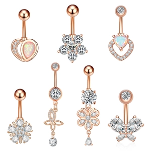 Rose gold belly button ring set with zircon and opal stones in heart and star shapes