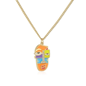 Artistic abstract face pendant necklace with colorful enamel and 18K gold plating