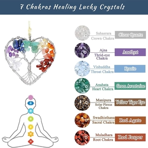 Seven chakra tree of life crystal heart ornament with various healing gemstones