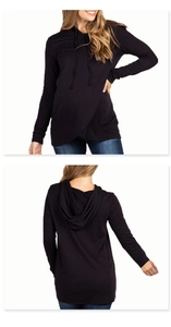 Front and back view of long sleeve maternity hoodie with ruffled crossover hem in black