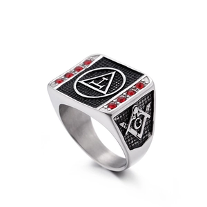 Masonic Signet Ring Stainless Steel Red Rhinestone Hip Hop Punk Retro Style Jewelry For Men