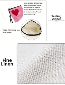 Detail of pink heart cosmetic bag showing linen texture and self-locking alloy zipper