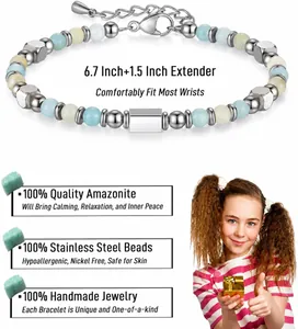 Detailed view of 4mm Amazonite beads and stainless steel chain on handmade bracelet