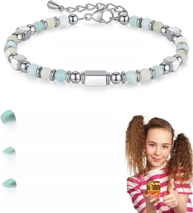 Detailed view of 4mm Amazonite beads and stainless steel chain on handmade bracelet