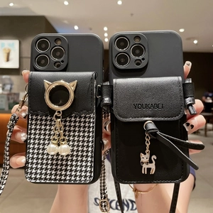Houndstooth and leather iPhone cases with cat pendant, card holder and neck strap