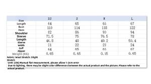 Detailed size guide for casual zip-up hoodie and pants set including length and bust measurements