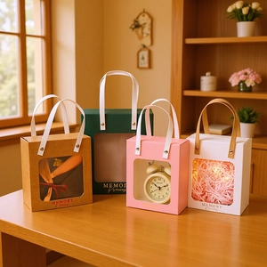Gift Bags With Clear Window Portable Paper Packaging For Wedding Birthday Flowers Party Favors Reinforced Handles
