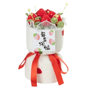 Handmade knitted strawberry flower bouquet gift with white plush fabric and red ribbon