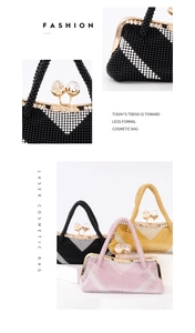 Detail of luxury rhinestone evening bag with beaded texture and crystal clasp in three colors