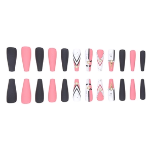 Set of 24 long coffin fake nails with marble patterns, matte black, pink, and rhinestones