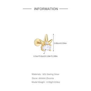 Detail showing S925 hallmark on gold-plated silver stud earring with white zircon