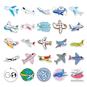 Detailed grid view of assorted cartoon airplane stickers for scrapbooking and decoration