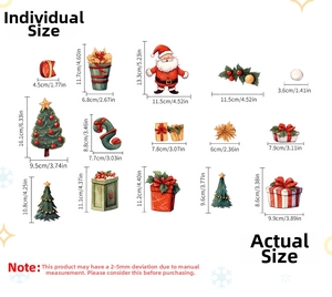 Size chart showing dimensions for 15 various Christmas window and door sticker designs