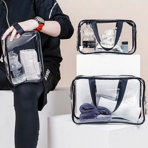 Detail view of a three-piece set of transparent PVC cosmetic bags with black trim