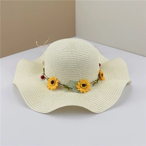 Women Girls Straw Sun Hat Large Wavy Brim Sunflower Wreath Floral Beach Vacation Summer Protection Parent Child