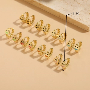 Set of seven colorful enamel smiley face hoop earrings with gold alloy bases for women