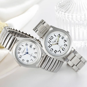 Luminous elderly watch with silver elastic strap, calendar display, and large numbers