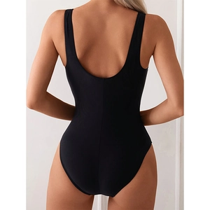 Classic black one-piece swimsuit with wide straps and elegant U-shaped open back design